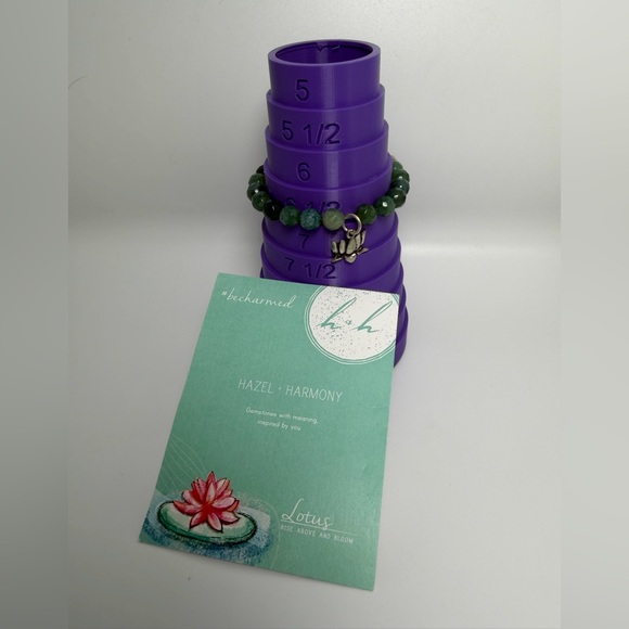 Moss Agate & Pewter Lotus Charm Stretch Bracelet NIP - Hazel and Harmony - Picture 8 of 13